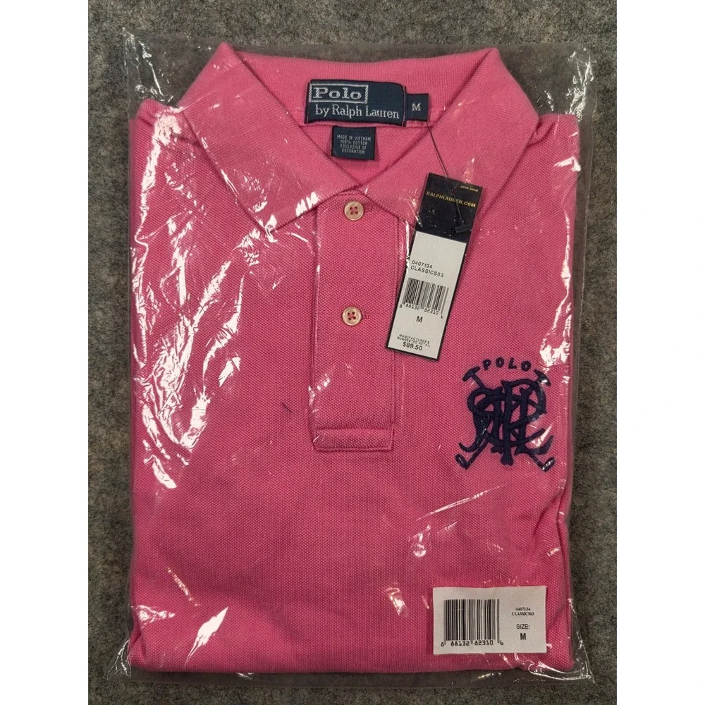 Polo Ralph Lauren Mens Pink Embroidered Crest Logo Polo Shirt Medium Vintage NWT